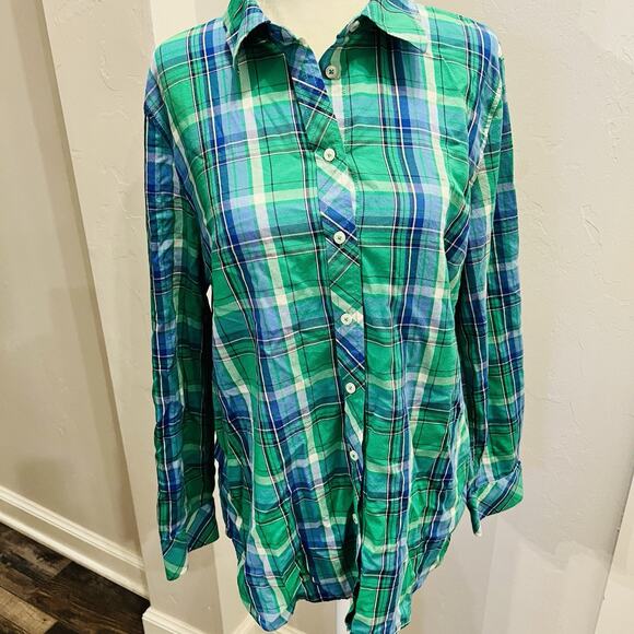 Talbots Women's Button Up Size Large Green Blue Plaid Long Sleeve Collared - Picture 1 of 6